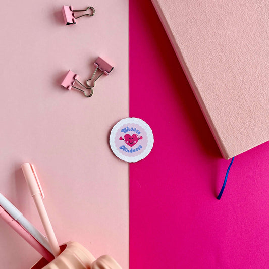 vinyl sticker of a kawaii smiling heart with text that reads: choose kindness