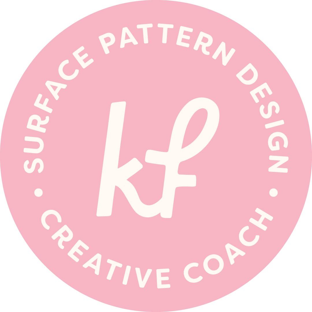 pink circular logo [text reads: kate frances: surface pattern design & creativing coach]